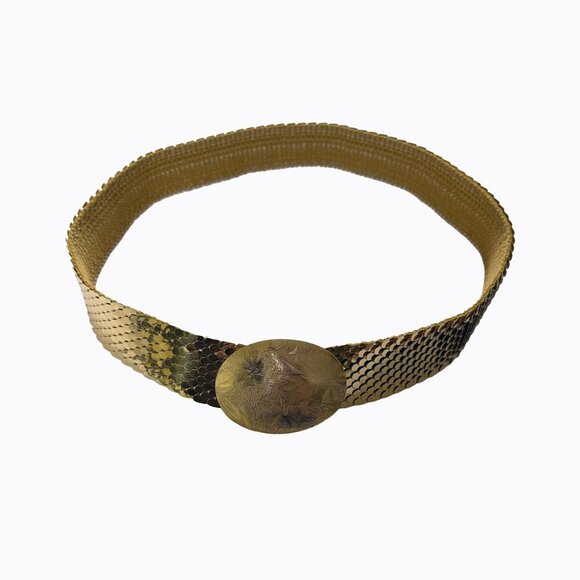 Vintage Metallic Gold Fish Scale Belt Lg-1X Slinky Stretch Oval Buckle 70s Disco - Picture 3 of 9